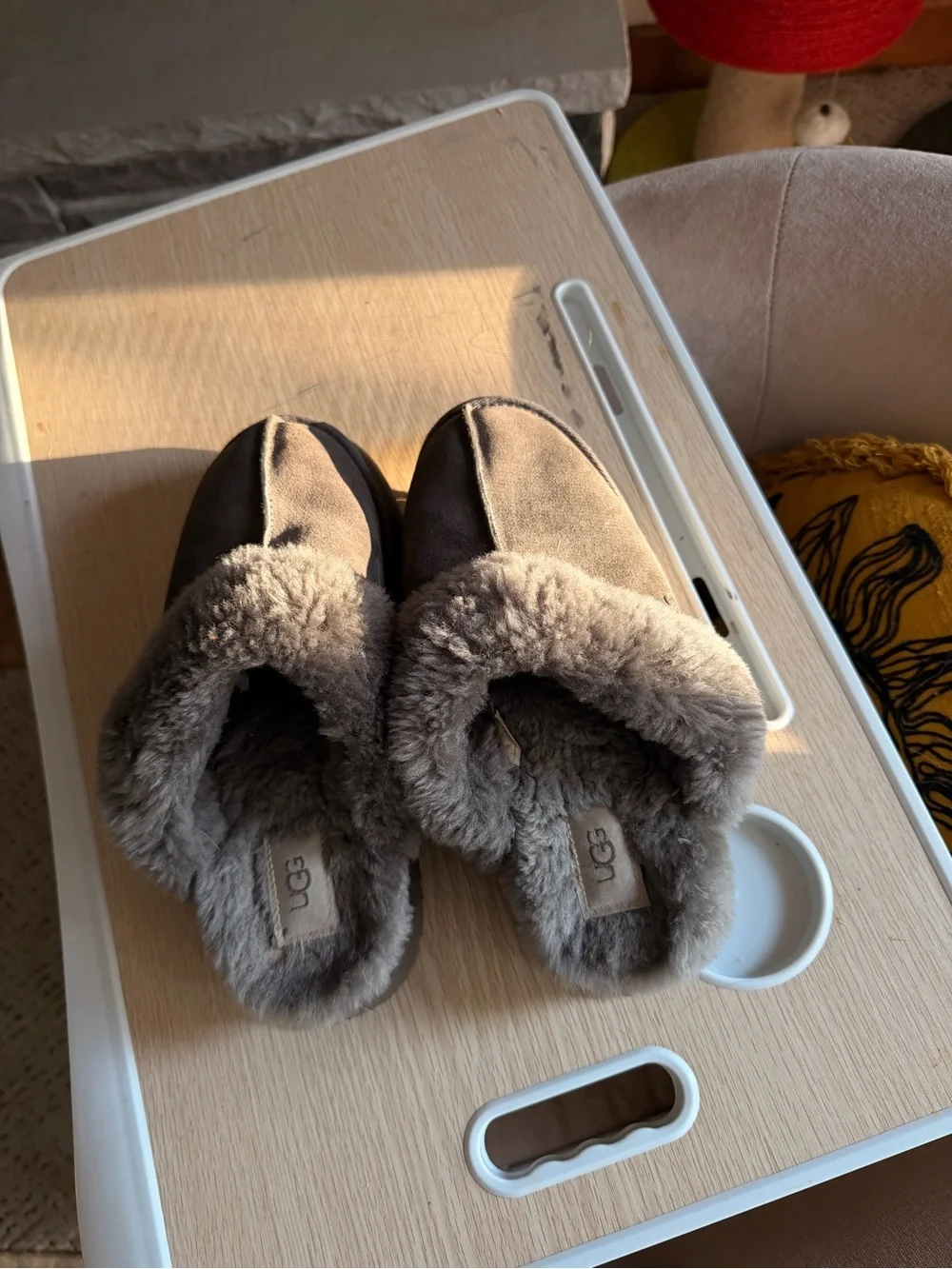 UGG Gray Suede Shearling Platform Slipper Clog